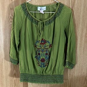 Avacado Green Floral Embroidered Tie Cotton Blouse Top